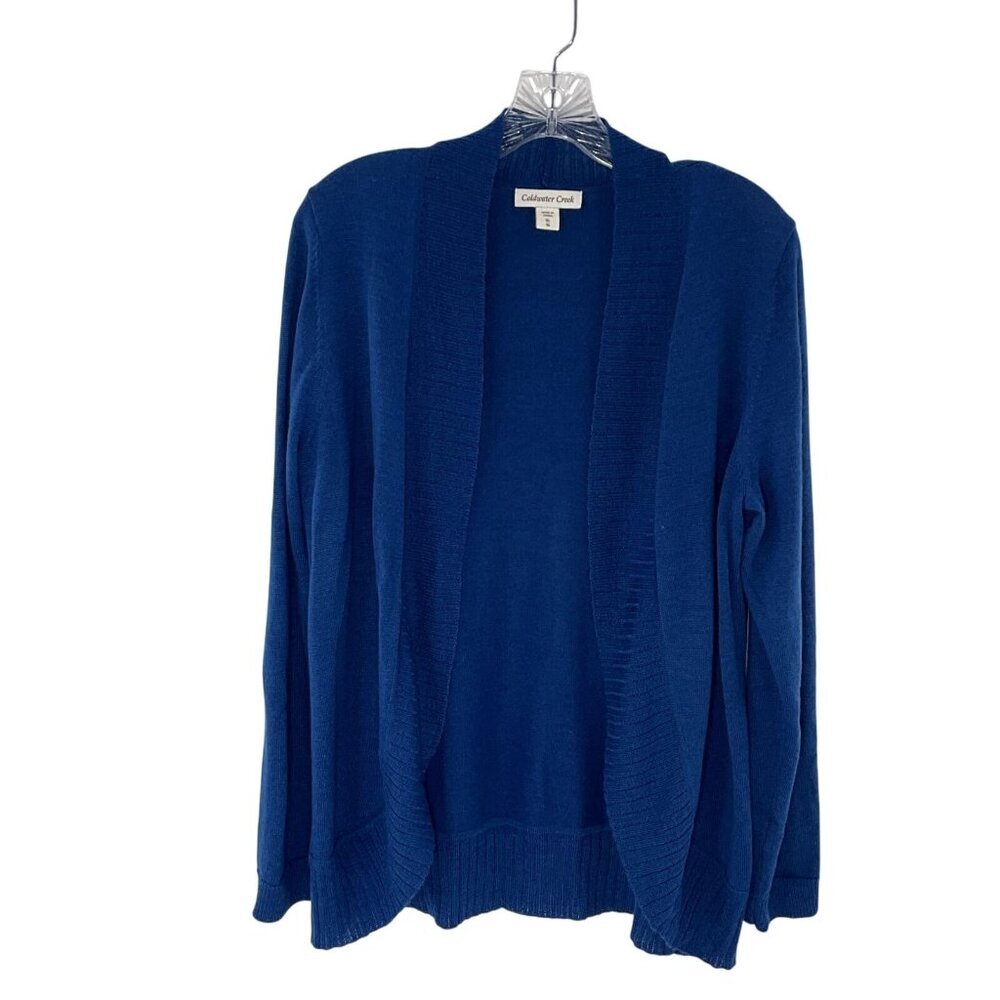 Coldwater Creek Cardigan Women XL Blue Wool Blend Open Front Ribbed Knit